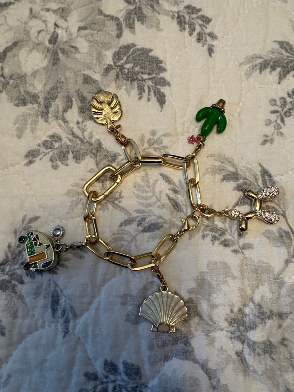 Handmade Gold Chain Charm Bracelet with Green Palm & Seashell Charms